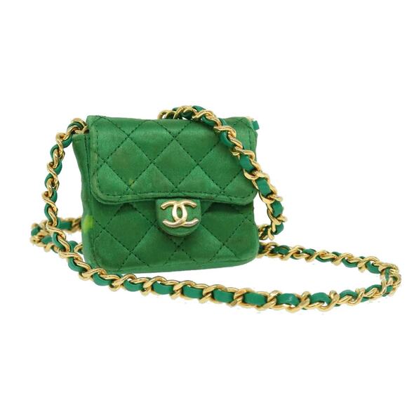 CHANEL Mini Matelasse Chain Pouch Shoulder Bag Satin Green Gold CC - Picture 1 of 16